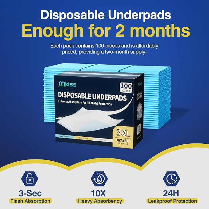 MKISS Bed Pads Disposable 36" x 36" 100 Count, Extra Large Incontinence Underpads, Leak-Proof & Quick-Drying Disposable Pee Pads for Elderly, Adults, Kids, Puppy Training