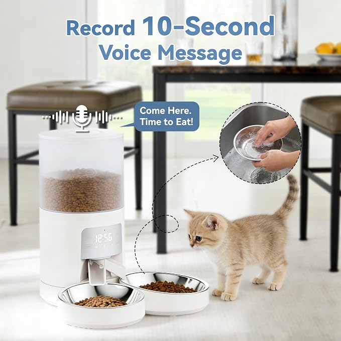 DUMOS 6L Automatic Cat Feeder for 2 Cats, Timed Pet Food Dispenser, Ivory | 2 Stainless Bowls, 10s Voice Call, Dual Power Supply, 6 Meals Per Day, 50 Portions Per Meal, Dual Pet Feeder for Cat and Dog