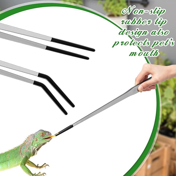 Lasnten 2 Pcs Extra Long Stainless Steel Reptile Feeding Tongs with Rubber Tip 18.5 Inch, 18.9 Inch Bearded Dragon Aquarium Straight and Curved Long Tweezer Terrarium Feeder Tool for Tank(Silver)