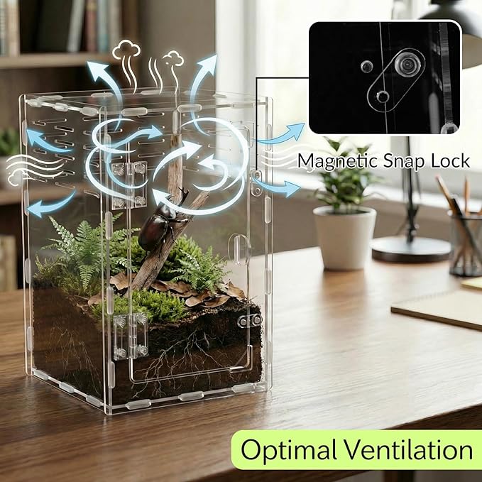 11.8 Inch Jumping Spider Enclosure, Desktop Micro Terrarium, Breeding Box, 360° Clear Acrylic Insect Habitat, 3-Side Ventilation, Easy Assembly, for Mantis, Tarantula, Snail, Small Reptiles, Plants