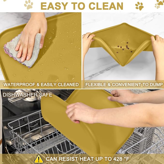 SMILOOL Waterproof Silicone Pet Food Mat with Raised Edge for Dog & Cat | 19" x 12" Non-Slip Pet Feeding Mats with Lip for Food & Water Bowl, Food Grade, Easy Cleaning, Honey