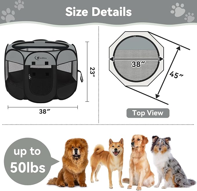 Siedihit Dark Grey Puppy Playpen for Large Dog Cat, Dogs Tent | Crates Cage Indoor/Outdoor, Portable Pop Up Dog Kennel with Carrying Bag for Rabbits(Dark Grey, Large )