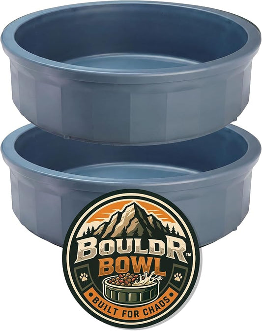 Pet Crock Bowl - 2 Pack – Thick Durable Plastic (Blue, 48oz Large) Non-Tip Food & Water Dish for Dogs, Cats - Indoor/Outdoor - Chew Resistant, Easy Clean BouldrBowl from Healthy Surplus®