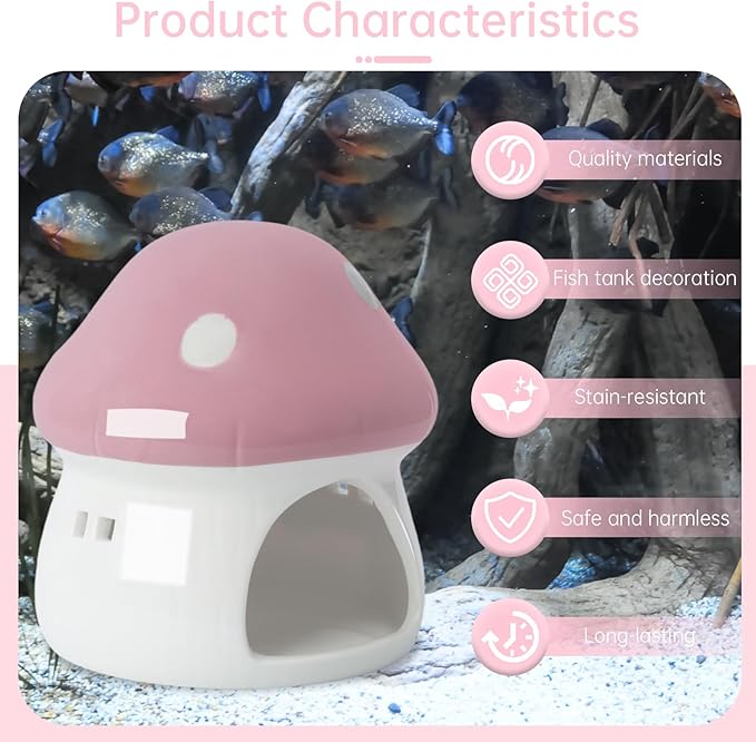 AnRui Ceramic Mushroom Aquarium Decor Cute Mini House Betta Fish Tank Accessories Decoration Hideaway Hideout Cave Ornament for Small Fish, Shrimp, Goldfish and Reptiles (Pink, Large)