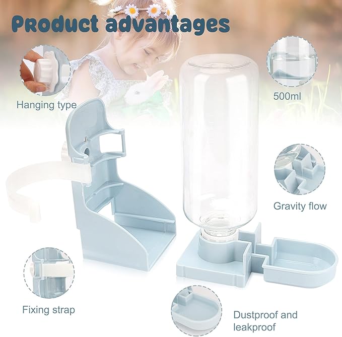 Rypet Rabbit Water Bottle No Drip - 17oz Hanging Water Fountain Automatic Dispenser Pet Cage Water Feeder for Bunny Chinchilla Guinea Pig Hedgehog Ferret Blue
