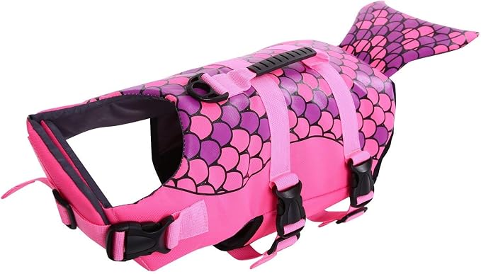 Dog Life Jacket Ripstop Shark Dog Safety Vest Adjustable Preserver with High Buoyancy and Durable Rescue Handle for Small,Medium,Large Dogs, Pink Fish X-Large