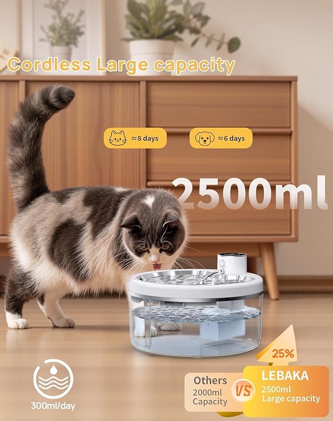 Wireless Cat Water Fountain [with Stainless Steel Tray], 84oz/2.5L Pet Fountain for Cats Inside, Cat Fountain for Drinking