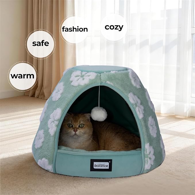 BALANCE Cat Beds for Indoor Cats, 2-in-1 Cat Bed Cave with Anti-Slip Bottom and Ultra-Soft Plush, Cozy Cats House Tent for Kittens and Small Dogs, 19 Inches, Green