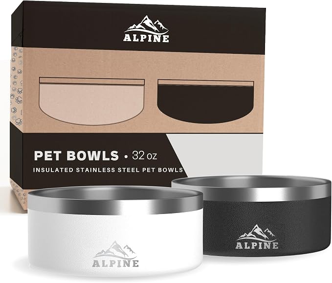 Alpine Set of 2 Stainless Steel Dog Bowls, Non Slip, Metal Pet Bowl for Food and Water, Double Walled Insulated, Rustproof, Dishwasher Safe- 32 Ounces - Black/White (AB)