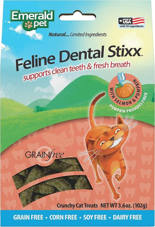 Emerald Pet Grain-Free Salmon Cat Dental Treats – Crunchy Dental Sticks for Cats to Clean Teeth, Reduce Plaque & Tartar, Freshen Breath – Pumpkin for Digestive Health, Natural Cat Chews, 3.6 oz