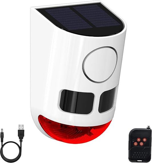 Solar Motion Sensor Alarm: 129dB Loud Dog Barking or Gunshot Sound for Deer, Raccoons - IP65 Security Siren with 4 Modes & USB Backup Power - Night & Day Strobe Light for Yards, Coops-1 Pack