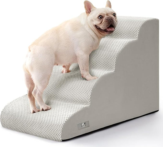 Dog Steps for Bed 17.7" H, 4-Step Pet Stairs Ramp for Small & Medium Dogs | Airpanda Dog Stairs with Washable Cover & High-Density Foam,Gentle Curved,Ideal for Senior & Short-Legged Dogs,Light Grey