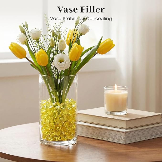DomeStar Yellow Fake Ice Rocks, 150PCS Acrylic Gems Crystals Plastic Diamonds Fake Ice Cubes for Vase Fillers DIY Craft Wedding Photography Prop Display Table Scatter Home Amalfi Coast Decorations