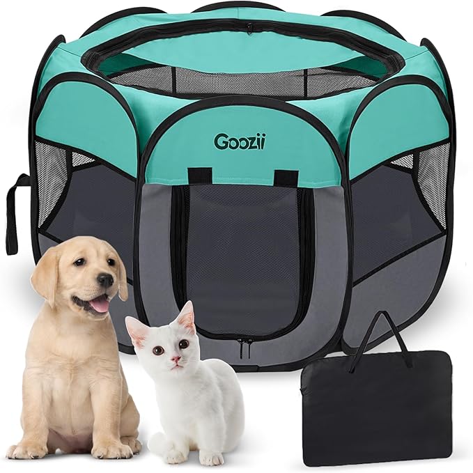 Goozii Pet Cat Playpen for Indoor Cats Enclosed, Puppy Dog Play Pen for Outdoor Travel Camping (Large Size, Green & Dark Grey)
