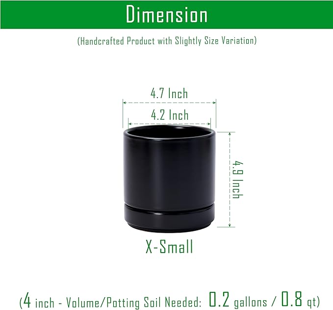 D'vine Dev 4.7 Inch Ceramic Planter Pot, Black, 94-O-B-2 | Modern Cylinder Design, Drainage Hole & Saucer Included, Stable Structure, Elegant Home Accent
