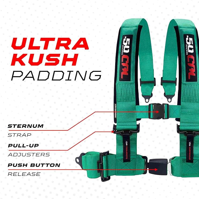 1pc 50 Cal Teal 4 Point Harness 2" Straps, Racing Harness Seat Belt | Ultra Kush padding, Push Button quick release hardware. Universal Fit for UTV, RZR, race car.