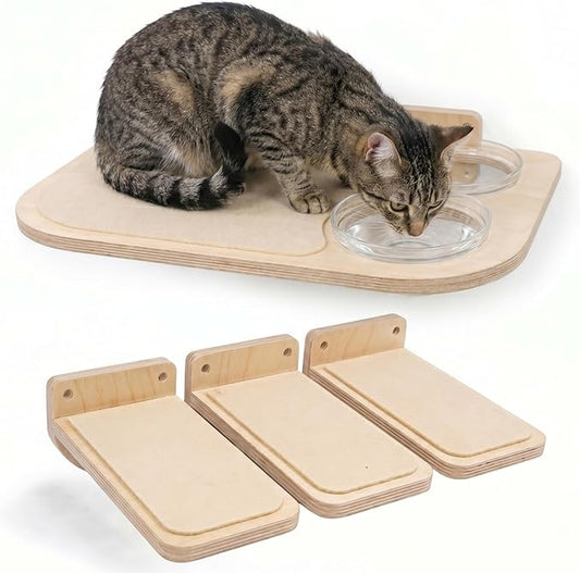INICIO Cat Shelves - Feeding Shelf with 3 Cat Wall Steps - Natural Wood | Cat Wall Shelves with Wall Mounted Cat Food Bowls - Dog Proof Feeding Station and Convenient Feeder for Cats up to 15lbs