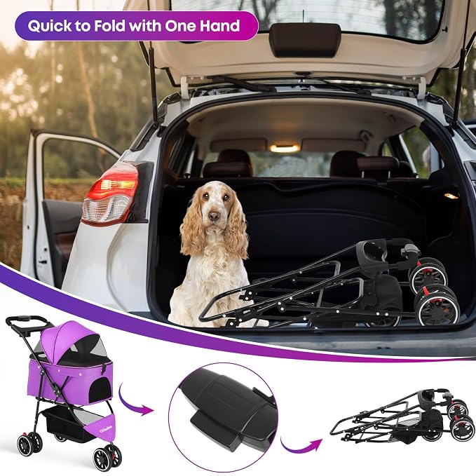 Pet Stroller,Dog Stroller for Small Medium Dogs Cats,3 Wheels,Purple | Foldable,with Breathable Mesh Canopy,Cup Holders,Easy Assembly