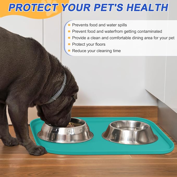 SMILOOL Waterproof Silicone Pet Food Mat with Raised Edge for Dog & Cat | 22" x 14" Non-Slip Pet Feeding Mats with Lip for Food & Water Bowl, Food Grade, Easy Cleaning, Dark Turquoise