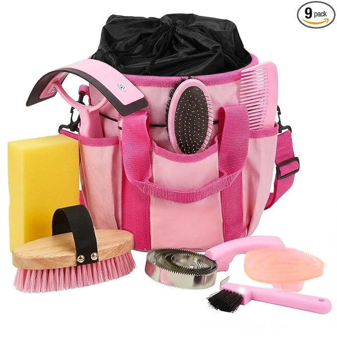 Cunhill 9 Pcs Horse Grooming Kit Tack Room Supplies Set with Tote Bag, Oval Massage Curry, Hard and Soft Brush, Hoof Pick, Sweat Scraper, Bathing Sponge, Comb for Horse Rider(Classic,Pink)