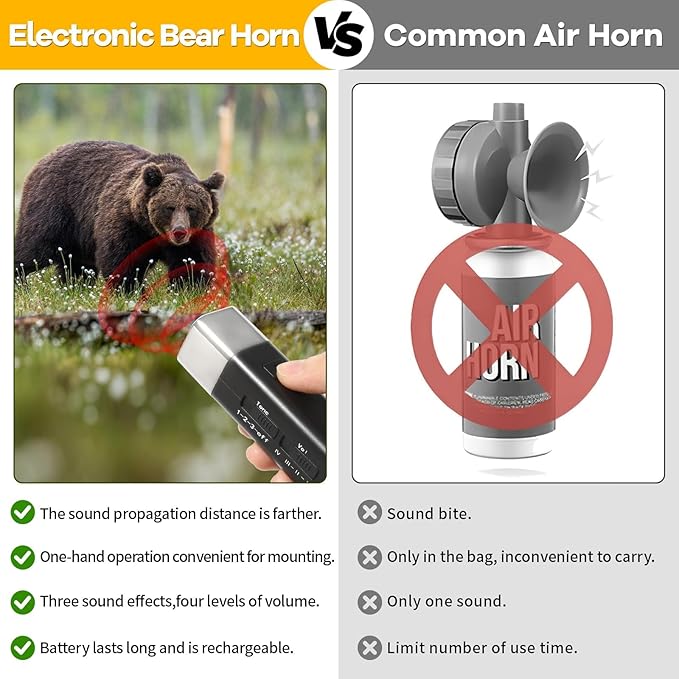 130dB Electronic Bear Deterrent Air Horn Rechargeable, 3 Tone High Volume Bear Deterrent Device Handheld with LED Flashlight Lanyard for Hiking Camping Emergency Outdoor Survival (Black)