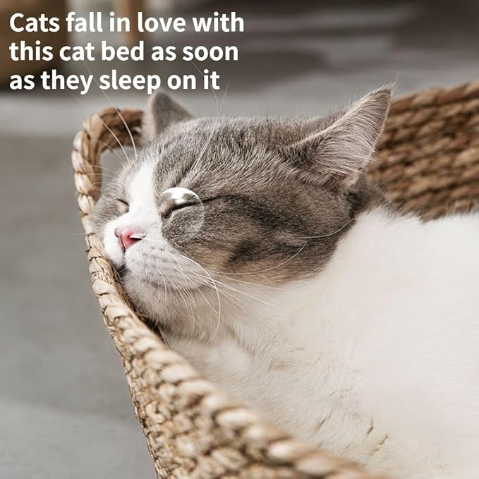 Cat Bed, Straw Woven Cat Baskets Bed, Round Wicker Cat Basket Nest, Non-Slip Cozy Kitten Bed for Cats Small Dog (with Cushion,Large)
