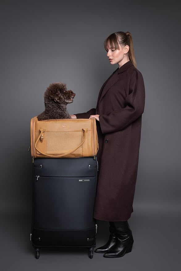 Noah & Paw Cat Carrier Soft Dog Carrier for Small Dogs, TSA Airline Approved 18x11x11in Cat Crate, Pet Travel Crate, Small Pet Kennel, Mattress Included, Camel Faux Leather