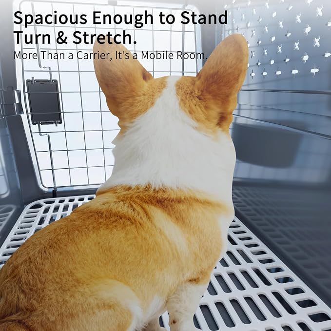 RIZZARI Large Pet Carrier with Wheels, Hard-Sided Rolling Dog and Cat Carrier Up to 25 Lbs, Top Access Travel Crate with Pull Strap, Metal Wire Door, Elevated Floor, Feeding Bowl and Ventilated Design