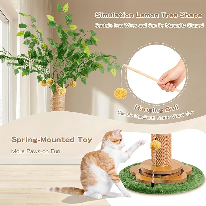 45" Tall Cat Scratching Post with Toy | Sisal Rope, Track Balls, Slef-Grooming Brush, Hanging Ball Toy