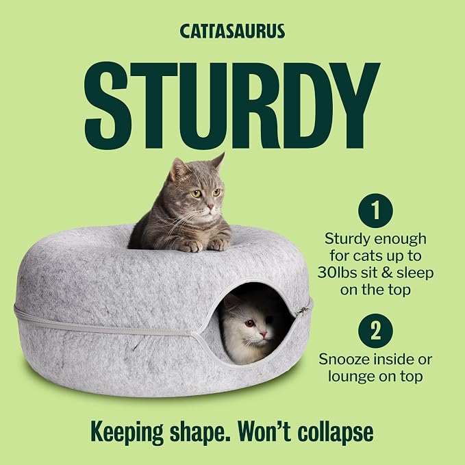 Peekaboo Cat Cave Donut for Multiple & Large Cats up to 30-45 lbs, 3-in-1 Self Warming Cat Bed, Tunnel & Scratcher for Indoor Cats, Washable & Detachable (Light Gray + Dark Gray, Large)