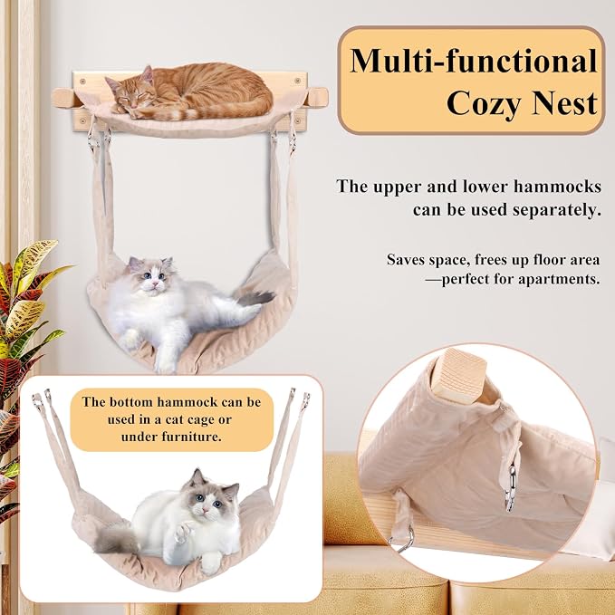JSPYFITS Wooden Cat Furniture Wall Mounted, Double Layer Hammock, Large Size 18.9″ Removable Multi-Function Cat Bed for Sleep/Play/Climb, Kitten Window Perch, Easy DIY Installation(Beige)
