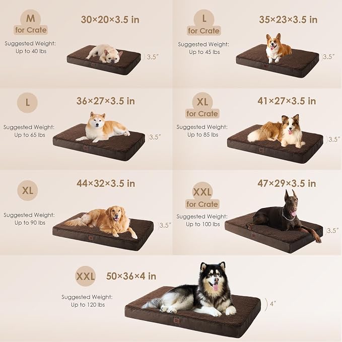 EHEYCIGA Orthopedic Dog Bed Large with Removable Washable Cover, 47IN Brown | Egg Crate Foam Support, Durable Oxford fabric, Non-Slip Bottom, Machine Washable, Soft Waterproof Plush Pet Bed Mat For Crate