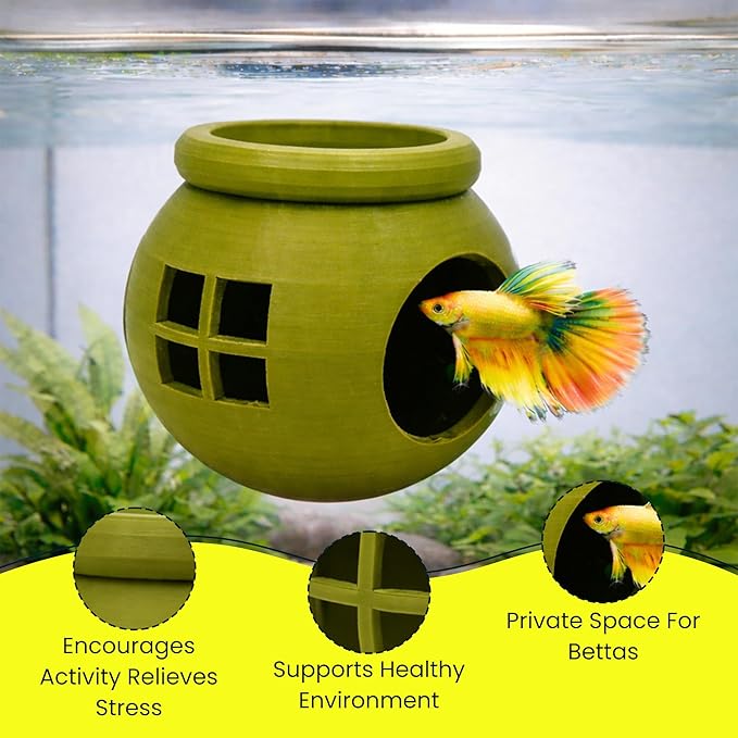Floating Cozy Betta House, Natural Floating Betta Hide Out, Aquarium Fish Hammock, Relaxing & Stress Relief, Suction Cup Included, 2.9" W x 2.6" H (Olive Green)