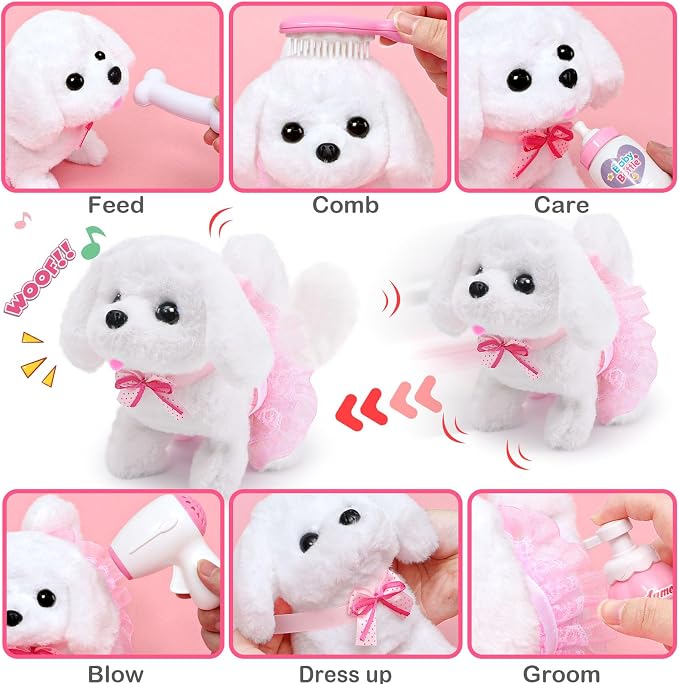 Golray Electronic Toy Dog and Cat for Kids Girls, 10 Pcs Puppy Pet Care Pretend Play Set 16 Pcs Kitten Carrier & Pet Groom Feed Care Set