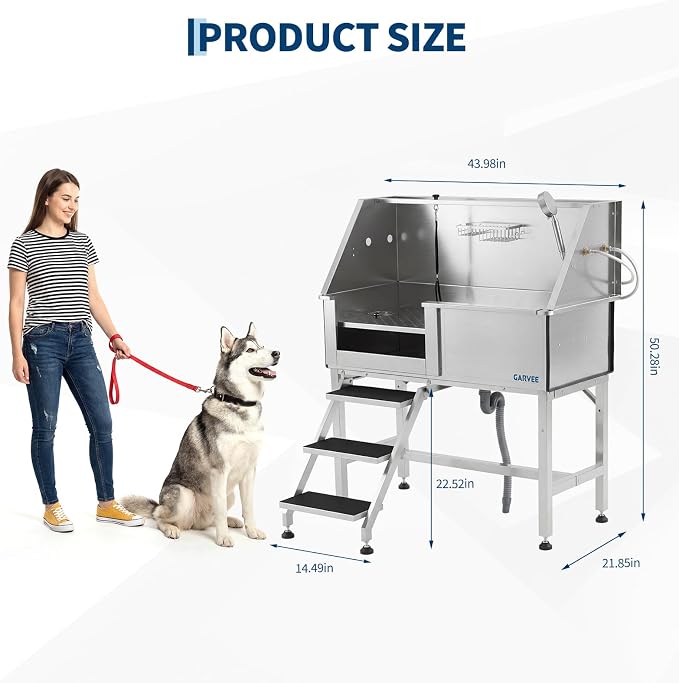 Garvee 46 Inch Stainless Steel Dog Washing Station, Heavy Duty Pet Grooming Bathtub with Access Stairs, Brushed Finish, Left Door Options