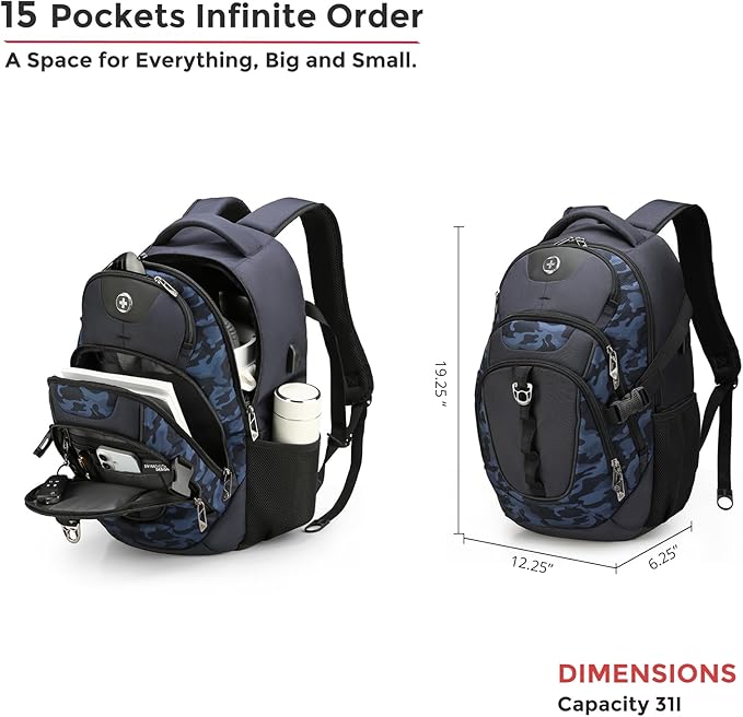 Swissdigital Design Laptop Backpack with USB Charging Port, Travel Backpack Fits 15.6 inches Computer, 31L College School Backpack for Men, Blue Camo | SD803-92