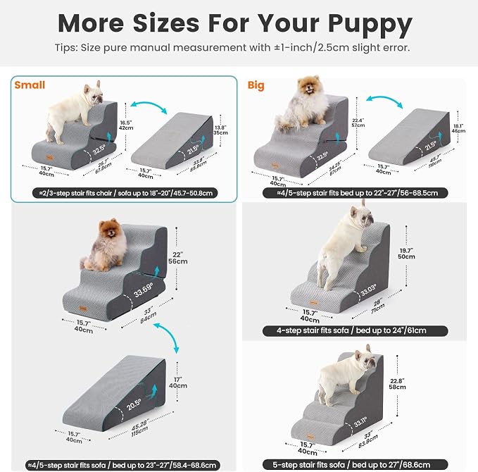 Gardner Pet Dog Stairs for Small Dogs 16.5" H, 2 in 1 Transformable 3-Step Pet Stairs and Dog Ramp for Couch (13-20 in), Grey Adjustable Pet Steps with Zipper
