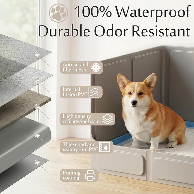 Dog Litter Box with High Walls, Foldable Pee Pad Holder, 33×22×16" | Waterproof No-Spill Indoor Dog Potty Tray, No Assembly Required, Easy to Clean and Fold, for Small and Medium Dogs, Gray