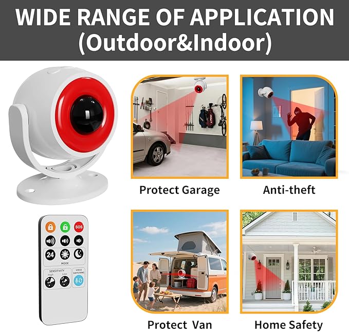 1 Pack Wireless Motion Detector Alarm for Indoor Use, PIR Motion Sensor with Sound Player for Pets, Dogs & Animal Deterrent, Intruder Alert & Remote Safety System, Noise Maker Sensor de Movimiento