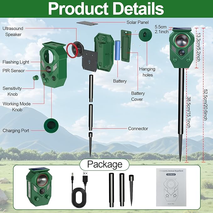 Solar Ultrasonic Animal Repellent,Cat Dog Repellent Outdoor,Solar Animal Repeller with Motion Sensor,Waterproof Rabbit Repeller with Flahing Light for Yard Skunks,Raccoon Birds Squirrels Deer-One Pack