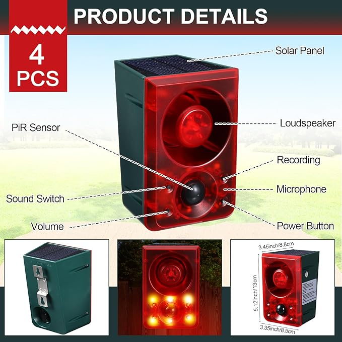 Qualirey 8 Pcs Solar Outdoor Motion Sensor Alarm Animal Deterrent Gunshot Sound Dog Barking 130db Loud Noise Maker 3 Modes with USB Remote Control, Support Recording and Volume Adjustment (Red)