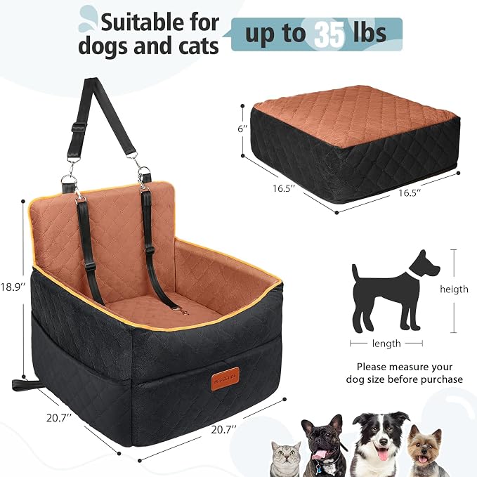 HEGGCOOE Small Dog Car Seat, Memory Foam Dog Booster Seats with Thick Cushion for Medium Dogs Under 35lbs, Detachable Washable Pet Car Seat Travel Bed with Storage Pockets,2 Safety Belts