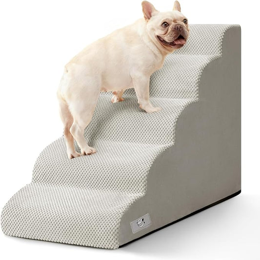 Dog Stairs for High Beds 22.4" H,5-Step Pet Ramp for Small & Medium Dogs | Airpanda Dog Steps with Washable Cover & High-Density Foam,Gentle Curved,Ideal for Senior & Short-Legged Dogs,Light Grey
