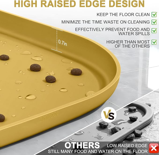 SMILOOL Waterproof Silicone Pet Food Mat with Raised Edge for Dog & Cat | 19" x 12" Non-Slip Pet Feeding Mats with Lip for Food & Water Bowl, Food Grade, Easy Cleaning, Honey