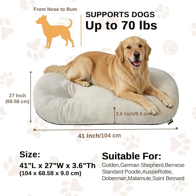 Washable Oval Dog Bed forX-Large Dogs,Silver-Tipped High-Resilience,Beige | Non-Slip Bottom Prevents Sliding, Soft Plush Short Fur, Machine Washable, Ideal for Crates/Apartments/Cozy Nooks,41"x27"x3.6"