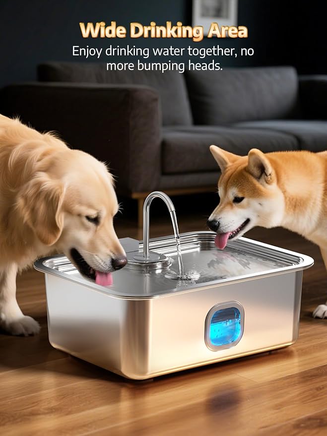 4.2Gal Dog Water Fountain for Large Dogs, 16L Stainless Steel Large Dog Fountain Water Bowl with Deeper & Wider Drinking Tray, Automatic Pet Water Dispenser with Visible Window (with Adjustable Stand)