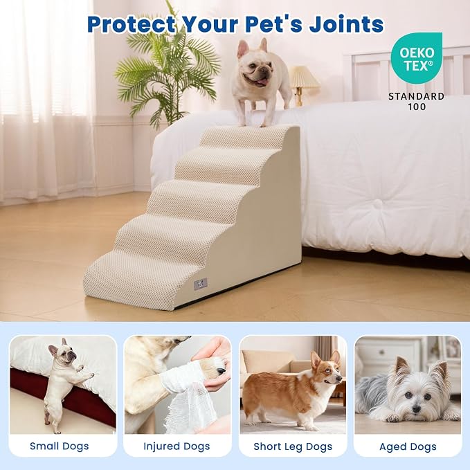 Dog Stairs for High Beds 22.4" H,5-Step Pet Ramp for Small & Medium Dogs | Airpanda Dog Steps with Washable Cover & High-Density Foam,Gentle Curved Design,Ideal for Senior & Short-Legged Dogs,Beige