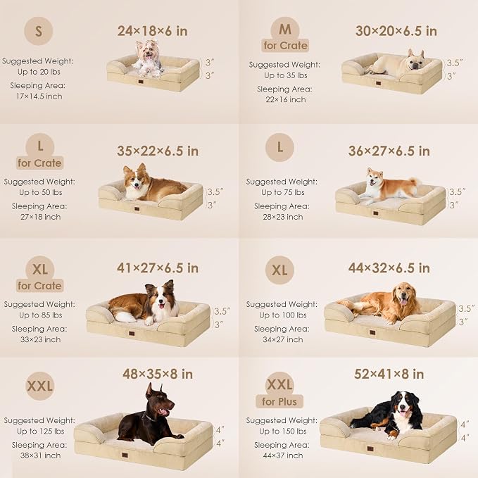 EHEYCIGA Orthopedic Dog Beds Large Sized Dog, Waterproof Washable Pet Bed | Non-Slip Bottom and Egg-Crate Memory Foam XL Dog Couch Bed with Washable Removable Cover, Greige