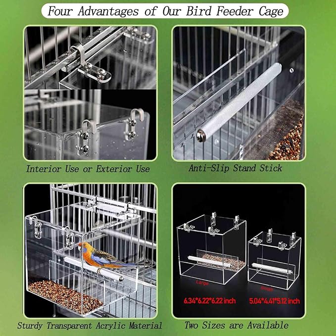 Automatic Bird Feeder for Cage, Automatic Acrylic Bird Feeder No Mess Bird Cage for Small Bird Parrots Canary Parakeet Budgerigar Crested Myna Cockatiel (Large)