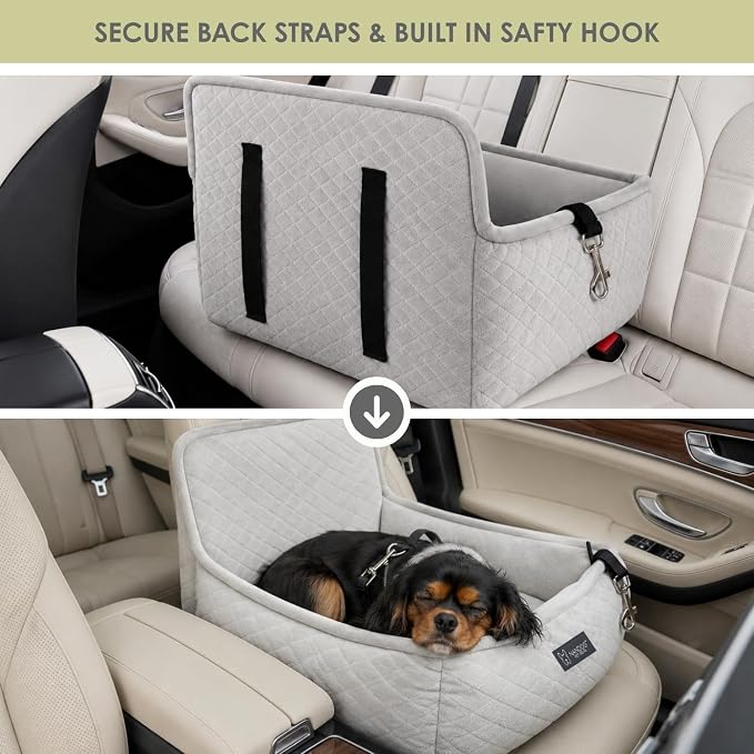 NANDOG Luxury Dog Car Seat Bed for Small Dogs, Soft Micro Plush Pet Seat with Removable & Washable Cushion Insert, Thick Safety Seatbelt Straps, Secure Travel Carrier, Light Grey, 20" L x 16" W